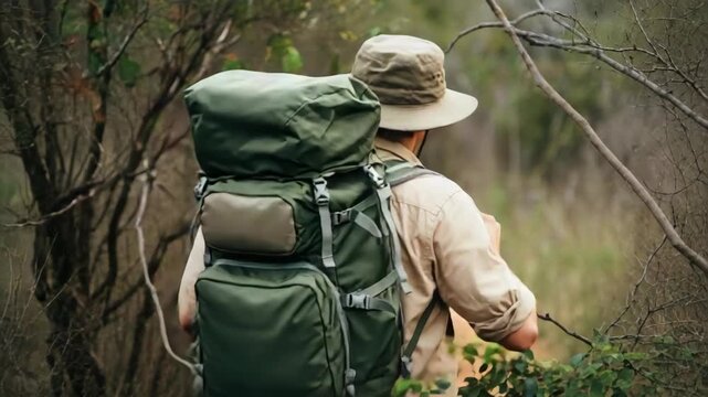 Man hiking with large backpack on forest trail, wearing hat