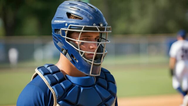 Male catcher adjusting helmet during baseball game