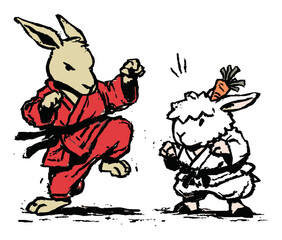 Fototapeta premium Playful Rabbit and Sheep Characters in Dynamic Martial Arts Stance