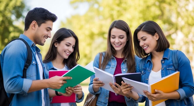 Happy Diverse University Students Reading and Studying Books Together Outdoors on Campus