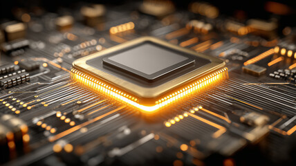 Gold edged central processing unit radiates light across intricate circuit pathways on a motherboard. Depicts high performance computing power at the heart of next generation digital innovation.