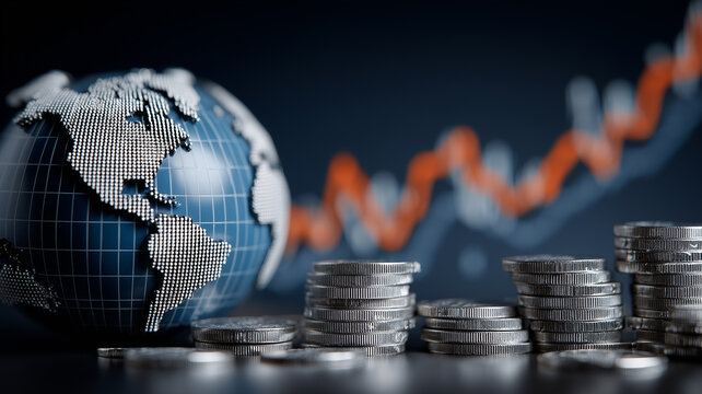 Stacks of silver coins rise beside a dotted world globe against an ascending financial graph. Symbolizes global economic growth and strategic investment driving international prosperity.