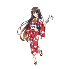 Anime girl in a red floral kimono holding a white flag with a black symbol, isolated on white.