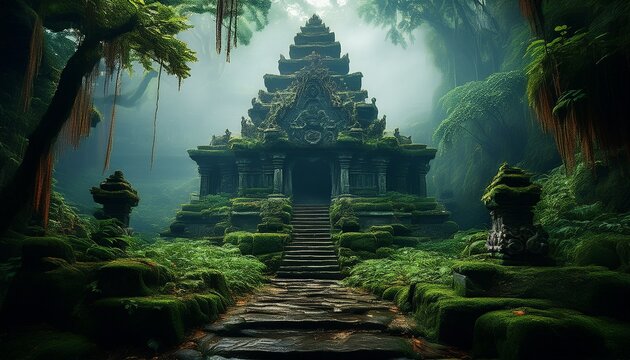 a mystical ancient temple surrounded by lush greenery and fog evoking a sense of serenity - Powered by Adobe