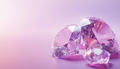 3D rendering of a pink and purple diamond background. The diamonds sparkle with a soft light and glitter on the surface, creating an elegant atmosphere. In the foreground
