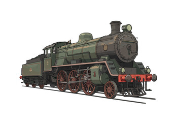 Fototapeta premium Vintage steam locomotive illustration with detailed green and red design. Vector illustration