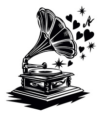 Vintage Engraving of a Gramophone with Hearts and Musical Notes