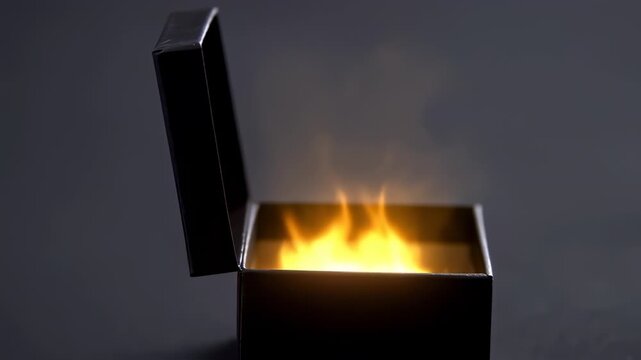 Captivating footage reveals a mysterious black box emitting ethereal flames against a dark backdrop, symbolizing hidden potential and magic