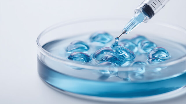 Needle extracting viscous blue biomaterial from nutrient medium in a petri dish. Conveys cutting edge tissue engineering and injectable hydrogel research for regenerative medicine.