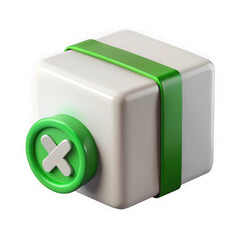 A white box with a green cross button and strap representing cancellation or removal in a three dimensional style isolated on transparent background