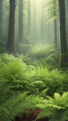 Lush Green Ferns in Misty Forest Sunlight.