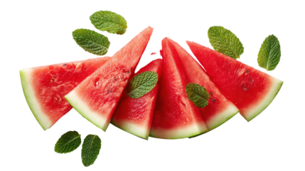 Juicy watermelon slices arranged in a fan shape with a mint garnish transparent background
