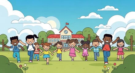Obraz premium Cheerful Cartoon Children Running Hand-in-Hand in Field with School Building Background