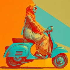 woman on scooter wearing a colorful clothes generative ai