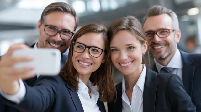 Selfie Time for Colleagues: A cheerful quartet of business colleagues, smartly attired in business wear, capture a moment of camaraderie with a selfie.