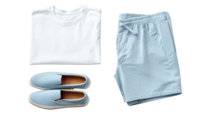 Lightweight white T-shirt paired with pastel blue shorts transparent background