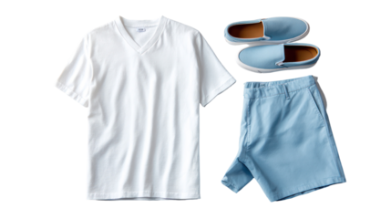 Lightweight white T-shirt paired with pastel blue shorts transparent background