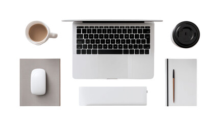 Minimalist modern office desk setup with a laptop, wireless mouse, and notepad transparent background