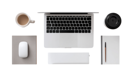 Minimalist modern office desk setup with a laptop, wireless mouse, and notepad transparent background