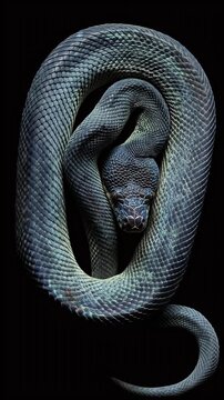Realistic Close-up of Coiled Black Snake Predator on Black Background
