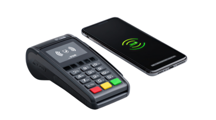 Mobile phone emitting a payment confirmation icon above transparent background