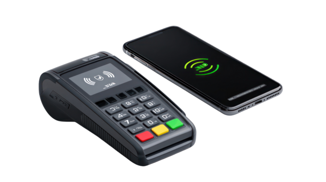 Mobile phone emitting a payment confirmation icon above transparent background