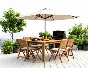 Modern outdoor patio dining area with wooden table and chairs, large beige umbrella, surrounded by lush green plants and trees on a sunny day