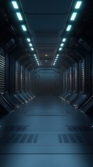 Futuristic sci fi corridor with blue neon lights and metallic walls creating a sense of depth and mystery