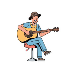Cheerful man in a hat sitting on a stool, happily playing an acoustic guitar, enjoying a musical moment.