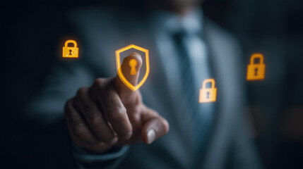 Secure technology interface with person interacting with digital locks and shield symbolizing cybersecurity