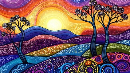 A beautiful, detailed painting of an Aboriginal dot art landscape with trees and hills, featuring vibrant colors, dots, and swirls.