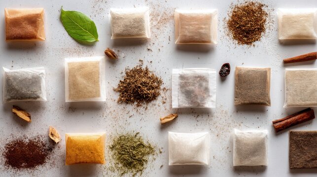 Assorted Herbs and Spices in Packets on White Background