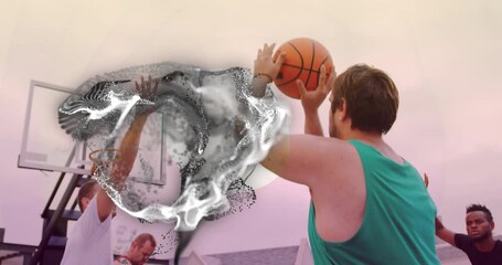 Male shooter dribbling into key, releasing basketball to score as fluid overlay shows technology - Powered by Adobe