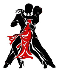 Fototapeta premium Elegant Dance Couple in Red Dress with Black Suit Illustration