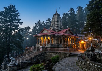 Naklejka premium Ncient hindu temple with stone stairs and forest at dusk