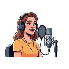 Cartoon illustration of a woman singing or recording into a microphone.