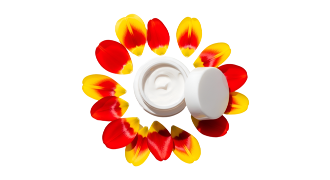 Presents Open Cosmetic Cream Jar with Tulip Petals on Transparent Background, Beauty Product