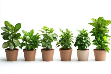 Obraz premium Collection of small potted shrubs with varying leaf shapes and colors, showcasing beauty of indoor plants. These vibrant green plants add refreshing touch to any space