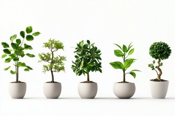 Obraz premium Collection of small potted trees with various shapes and sizes, showcasing vibrant green leaves and unique textures, perfect for indoor decoration and enhancing ambiance