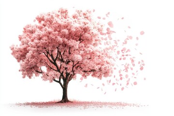 Obraz premium Delicate cherry blossom tree in full bloom, showcasing vibrant pink flowers and petals gently drifting away, creating serene and picturesque scene