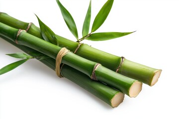 Fototapeta premium Fresh bamboo stalks with green leaves, showcasing their natural beauty and vibrant color, perfect for decoration or crafting