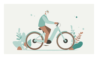 Fototapeta premium Vintage Man Riding Bicycle in Nature and Cartoon Style Illustration