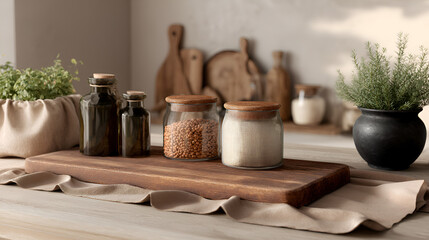Rustic kitchen still life with herbs, jars, and bottles on a wooden board with a neutral color palette.