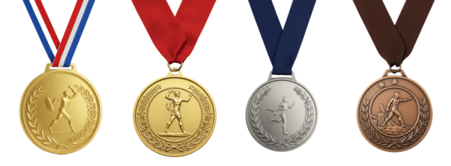 Different Medals PNG Isolated on Transparent Background – Gold, Silver, and Bronze Award Medals for Sports, Achievements, Competitions, and Honor Recognition in Educational or Event Design Projects