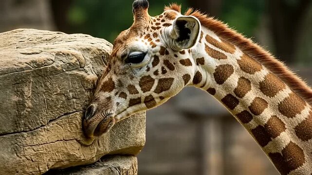 A close-up of a giraffe interacting with a large rock at a zoo, showcasing its unique patterns