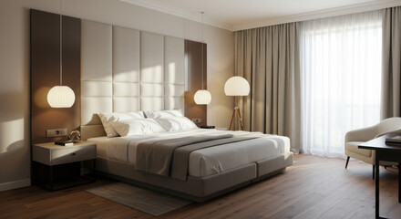 Luxurious hotel bedroom with elegant decor and natural light