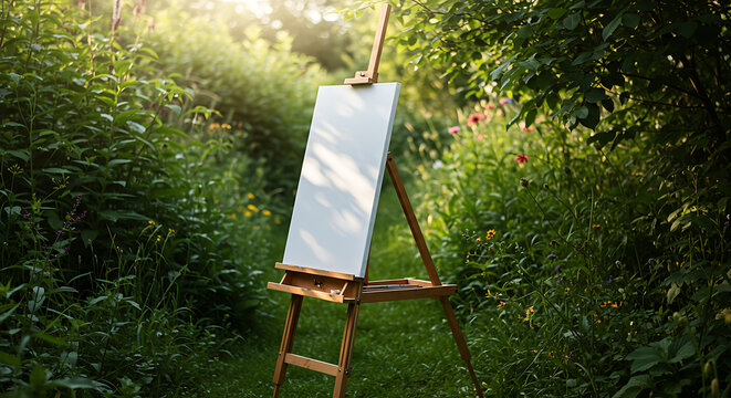A vintage wooden swing hangs beside an easel with a blank canvas on a grassy lawn