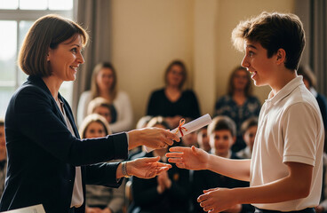 Proud educator presenting a certificate of achievement to a happy teenage student