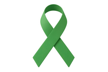 Green awareness ribbon representing mental health, organ, and tissue donation support, floating against transparent backdrop