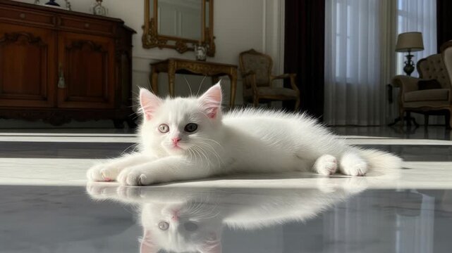 Charming White Kitten Lying on Marble Floor in Elegant Room with Reflective Surface and Natural